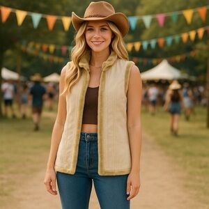 Cream and Tan Embroidered Vest faux suede